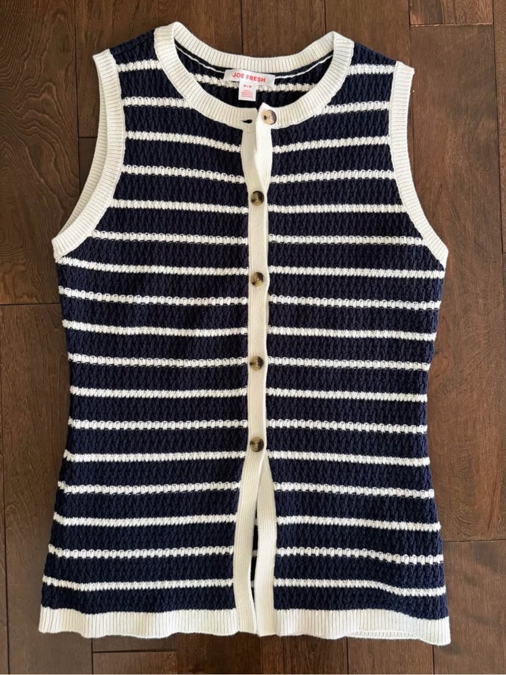 Joe Fresh Women's Navy and White Striped Knit Button-Front Top